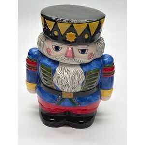 Block Ceramic Nutcracker Cookie Jar Christmas Holiday Soldier Blue Red 11 Inch